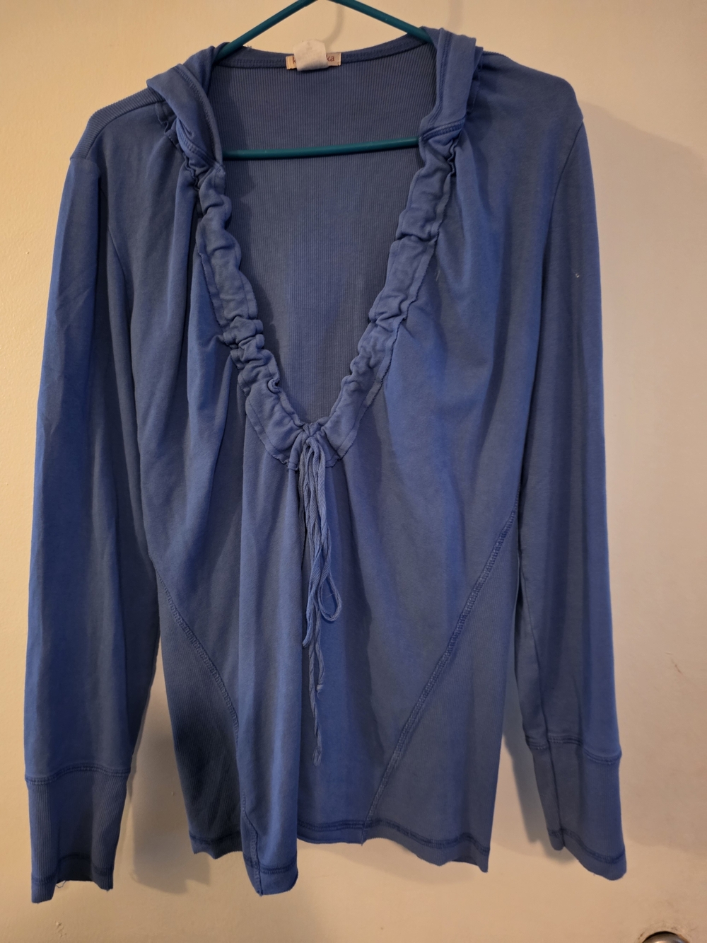 Kika Paprika Blue Ruffle-Trim V-Neck Drawstring Shirt. M/L